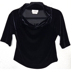 Vintage 90s Top Womens Medium Petite Black Velvet Cropped Cowl Goth Stretch USA